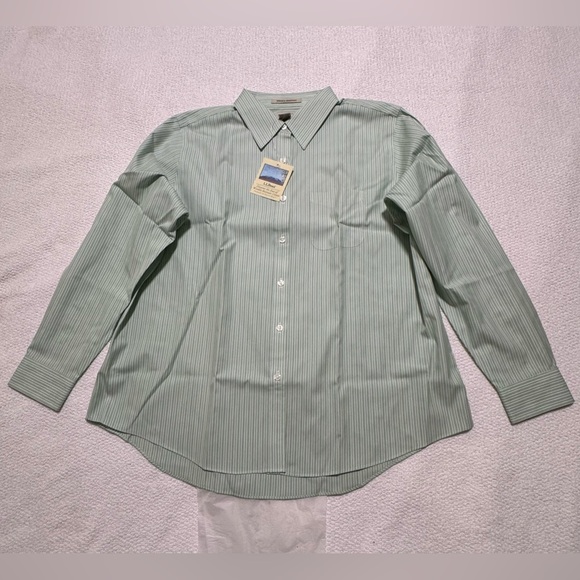 LL Bean Women 1X Wrinkle Resistant Cotton Mint Green Striped Button Up Shirt - Picture 1 of 10